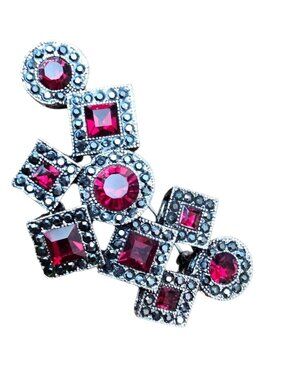 Vintage Red Rhinestone & Black Crystal Geometric Brooch Pin Silver Tone Art Deco